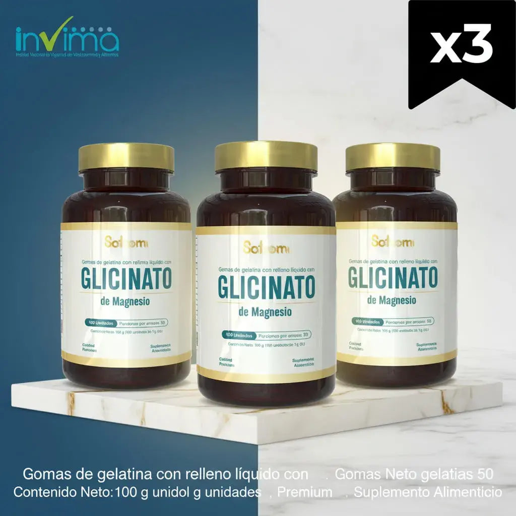 Combo x3 de Glicinato de Magnesio Satoomi en softgel con relleno líquido, con vitamina C y biotina. Apoya tu descanso, tu función muscular y tu sistema nervioso. 300 cápsulas para 5 meses. Con INVIMA.