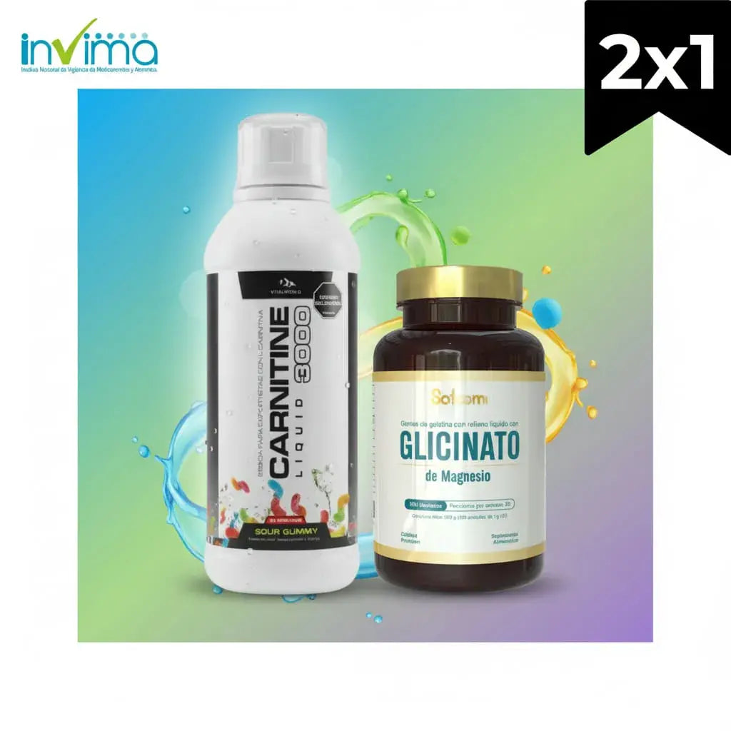 Kit Día y Noche con L-Carnitina líquida 3000 sabor Sour Gummy, con vitaminas B1, B6 y B12, más Glicinato de Magnesio de alta absorción. Energía antes de entrenar y recuperación muscular en la noche. Con INVIMA.