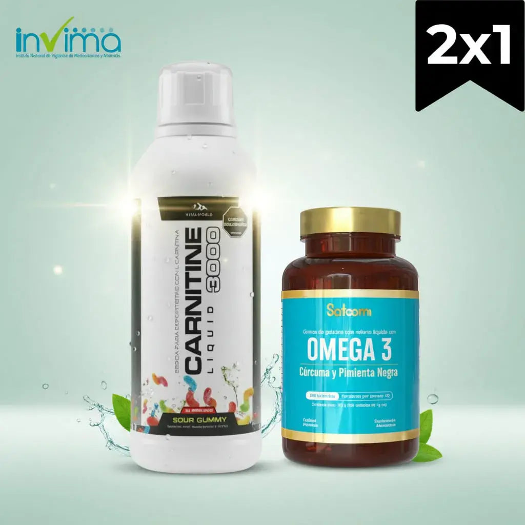 Combo de L-Carnitina Líquida 3000 mg con vitaminas B1, B6 y B12, sabor gomitas ácidas, más Omega 3 con cúrcuma y pimienta negra. Las vitaminas B contribuyen al metabolismo energético normal. Ideal para tu rutina de ejercicio. Con registro INVIMA.