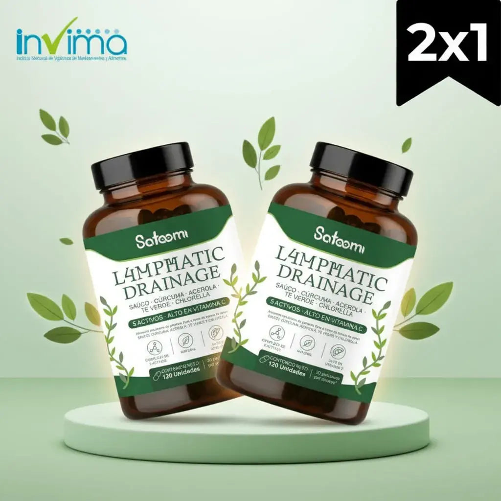 Kit x2 de Lymphatic Drainage Satoomi con chlorella, saúco, acerola, té verde y cúrcuma. Alto en vitamina C, con protección antioxidante y apoyo a tus defensas. Sin azúcares añadidos. 60 porciones. Con INVIMA.
