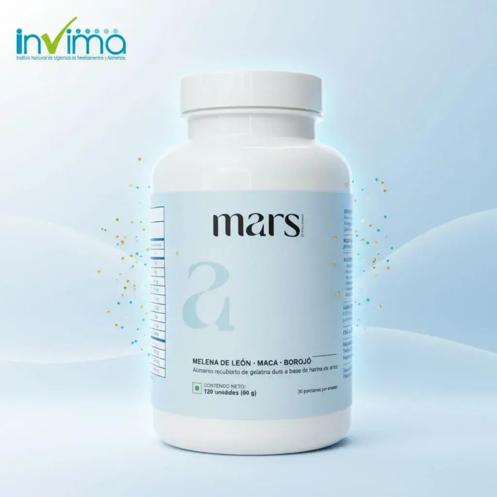 MARS by Vital World con Melena de León 700 mg, maca 600 mg y borojó 400 mg por porción. Fórmula natural de 3 activos para tu enfoque y tu vitalidad. Sin azúcares añadidos. 120 unidades, 30 porciones. Con INVIMA.