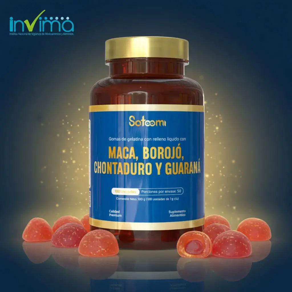 Maca, borojó, chontaduro y guaraná Satoomi, energizante natural premium de uso diario. Cuatro superalimentos latinoamericanos que apoyan tu energía, tu vitalidad y tu rendimiento físico. Frasco x 100 unidades. Con INVIMA.