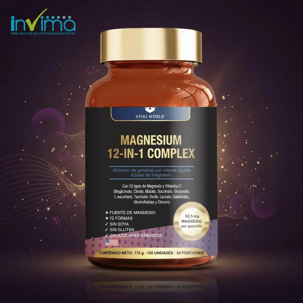 Magnesio 12 en 1 de Vital World, con 12 formas de magnesio y vitamina C en 100 cápsulas líquidas. Contribuye a disminuir el cansancio, a la función muscular y al sistema nervioso normal. Sin azúcar, sin soya, sin gluten y con registro INVIMA.