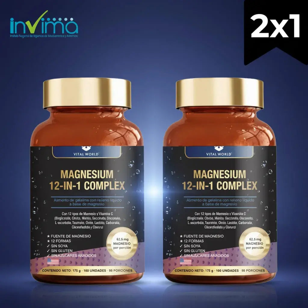 Combo x2 de Magnesio 12 en 1 de Vital World: 200 cápsulas líquidas con 12 formas de magnesio y vitamina C, que rinden 100 porciones. Contribuye a disminuir el cansancio, a la función muscular y al sistema nervioso normal. Sin azúcar ni gluten.