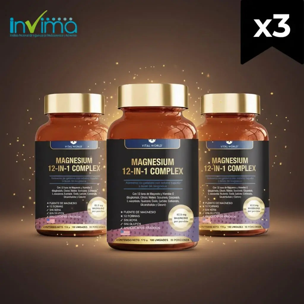 Combo x3 de Magnesio 12 en 1 de Vital World: 300 cápsulas líquidas con 12 formas de magnesio y vitamina C. Rinde 150 porciones, para unos 5 meses. Contribuye a disminuir el cansancio, a la función muscular y al sistema nervioso. Sin azúcar ni gluten.