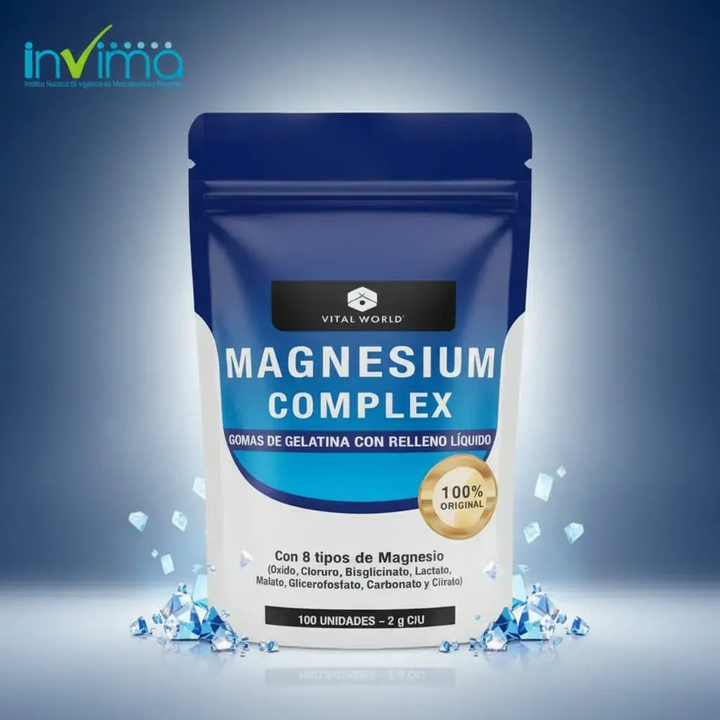 Magnesium Complex Vital World con 8 tipos de magnesio en softgels líquidas. Apoya tu descanso, tu función muscular, tu sistema nervioso y tu energía diaria. 100 unidades en doypack resellable. Con INVIMA.