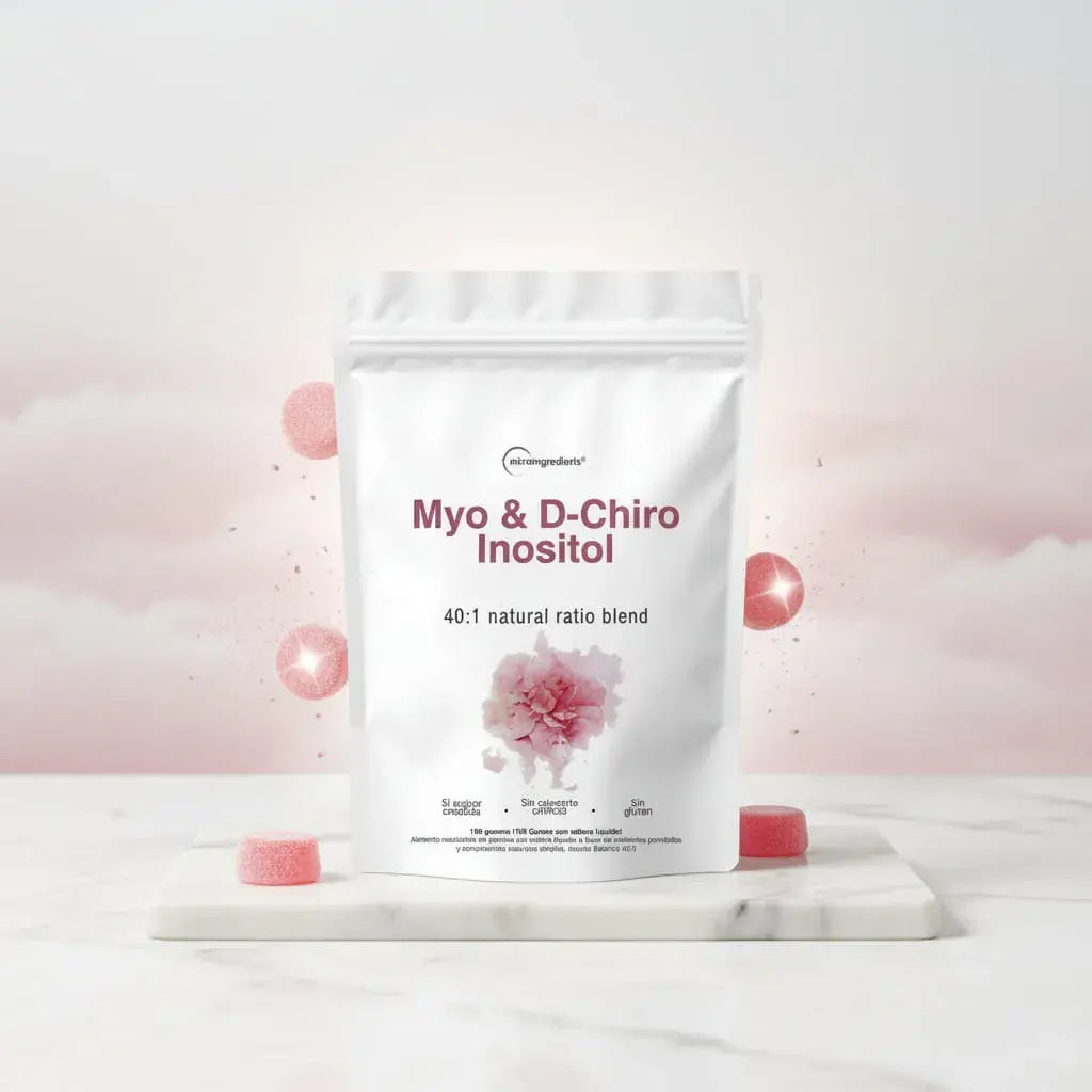 Myo-Inositol y D-Chiro-Inositol en proporción 40:1 de Microingredients. Fórmula premium para tu bienestar femenino y metabólico. 100 unidades en doypack resellable. Sin azúcar añadida, colorantes ni gluten. Con INVIMA.