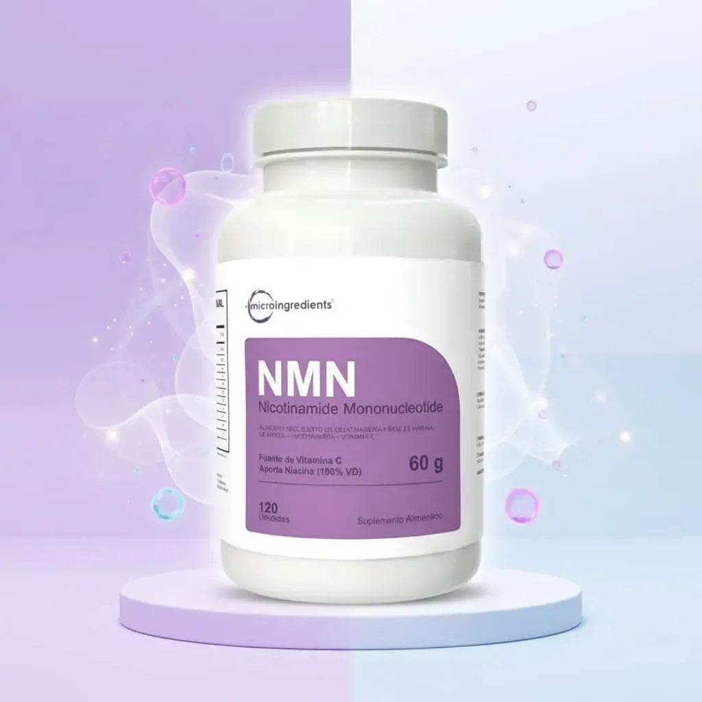 NMN Microingredients, nicotinamida mononucleótido con vitamina C y niacina. Apoya la energía celular, la vitalidad y el envejecimiento saludable. 120 unidades, 30 porciones. Con registro INVIMA.