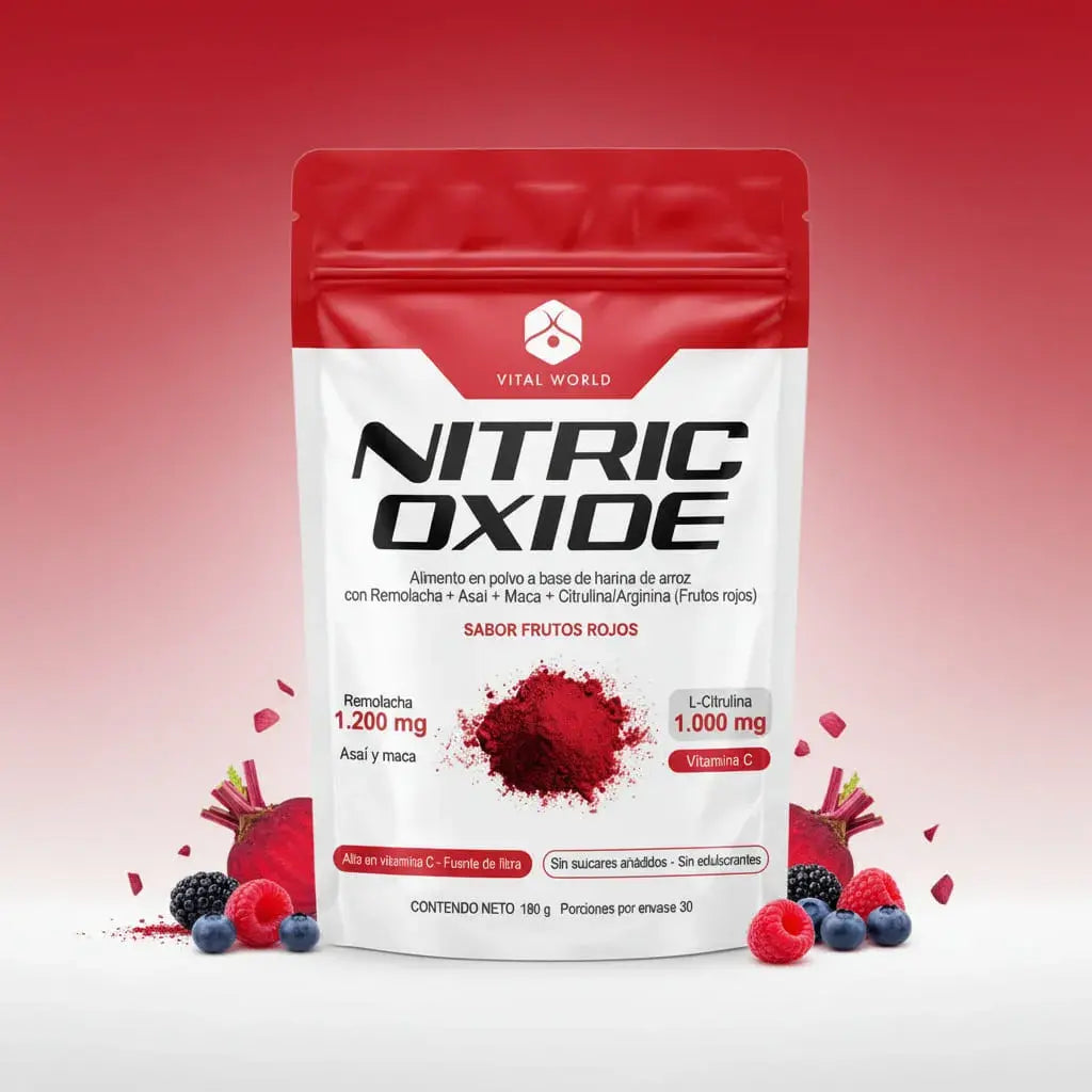 Nitric Oxide de Vital World: bebida en polvo sabor frutos rojos con 1.200 mg de remolacha, 1.000 mg de L-citrulina, arginina, asaí, maca y vitamina C. Sin azúcar, sin edulcorantes y sin cafeína. Rinde 30 porciones.