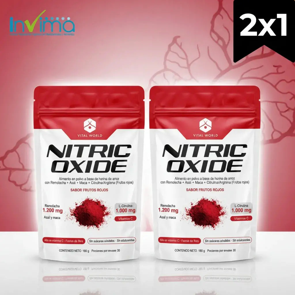 Combo x2 de Nitric Oxide Vital World: bebida en polvo sabor frutos rojos con 1.200 mg de remolacha, 1.000 mg de L-citrulina, arginina, asaí, maca y vitamina C. Sin azúcar ni edulcorantes. Rinde 60 porciones.