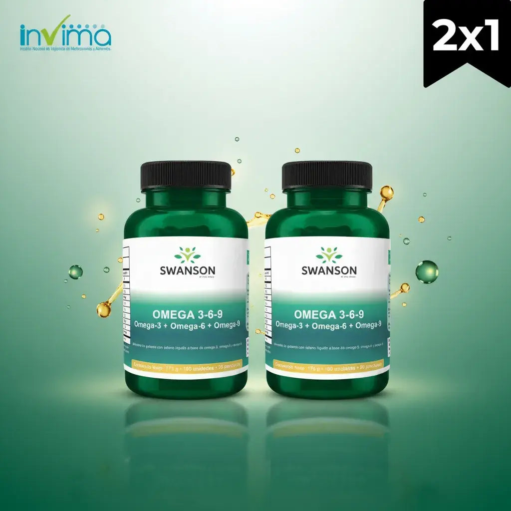 Combo x2 de Omega 3-6-9 de Vital World: 200 softgels con aceite de pescado (EPA y DHA), Omega-6 y Omega-9, que rinden 100 porciones para más de 3 meses. Sin azúcares añadidos, fabricado en Colombia y con registro INVIMA.