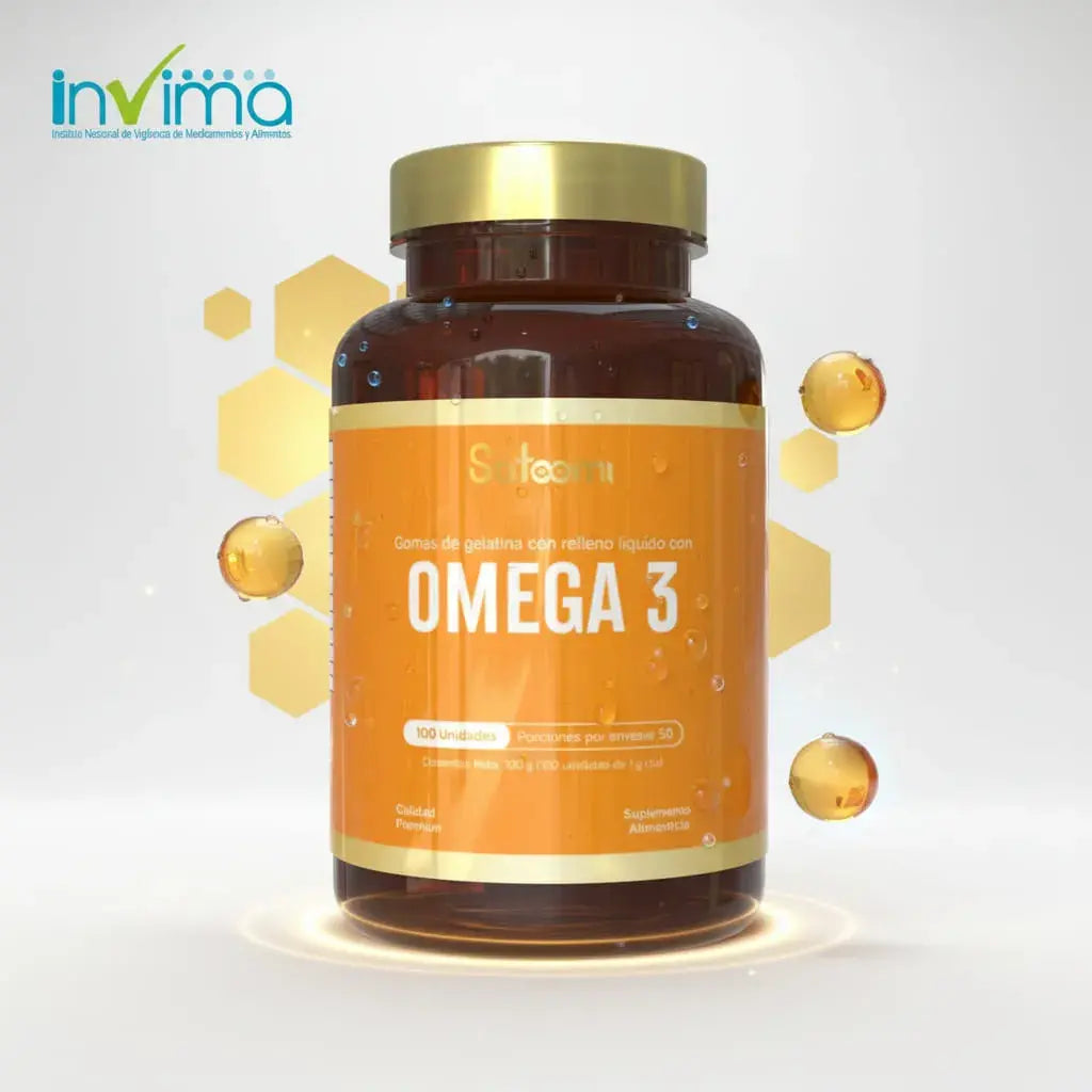 Omega 3 Satoomi con EPA y DHA, ácidos grasos esenciales que apoyan tu corazón, tu cerebro y tu visión. Ideal si comes poco pescado. Suplemento premium de uso diario, frasco x 100 unidades. Con INVIMA.