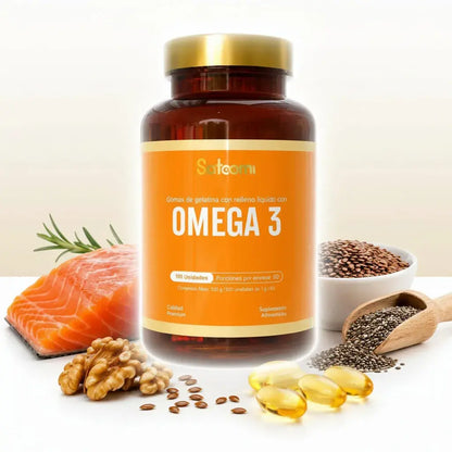 Omega 3 Satoomi con EPA y DHA, ácidos grasos esenciales que apoyan tu corazón, tu cerebro y tu visión. Ideal si comes poco pescado. Suplemento premium de uso diario, frasco x 100 unidades. Con INVIMA.