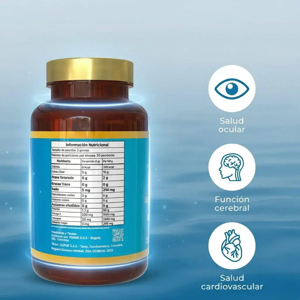 Omega 3 con cúrcuma y pimienta negra Satoomi. Suplemento dietario premium que apoya tu corazón, tu mente y tus articulaciones. Frasco x 100 unidades, rinde 50 porciones. Registro INVIMA.