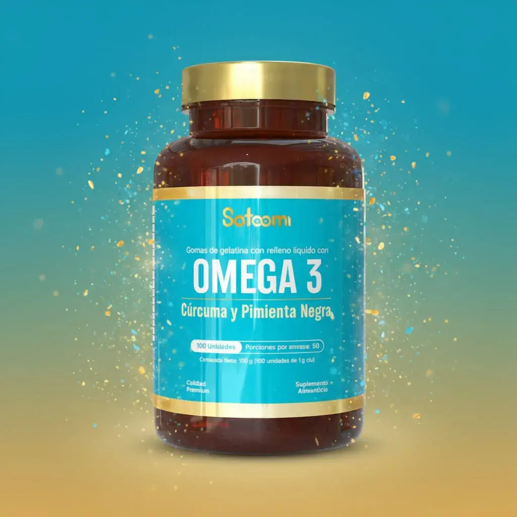 Omega 3 con cúrcuma y pimienta negra Satoomi. Suplemento dietario premium que apoya tu corazón, tu mente y tus articulaciones. Frasco x 100 unidades, rinde 50 porciones. Registro INVIMA.