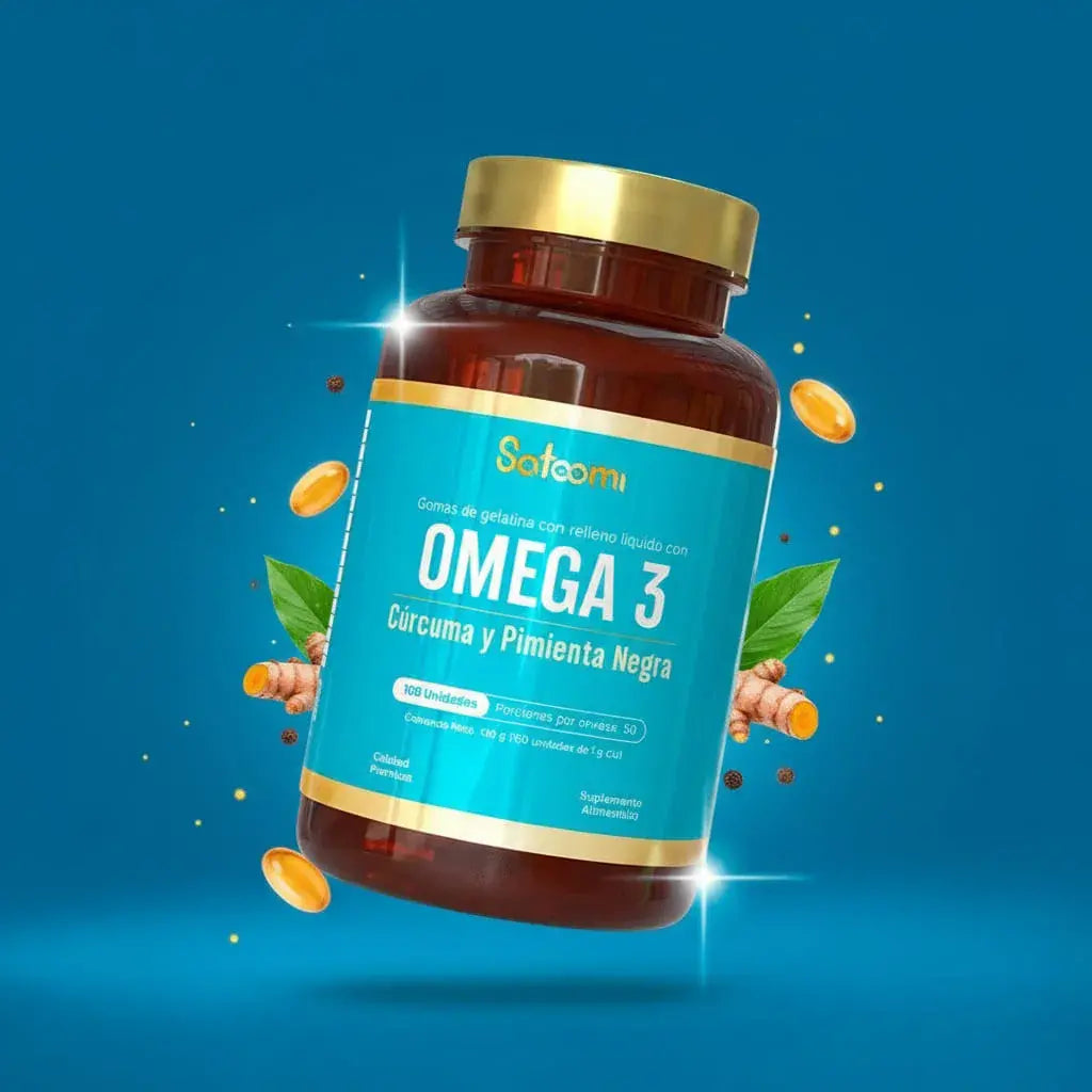 Omega 3 con cúrcuma y pimienta negra Satoomi. Suplemento dietario premium que apoya tu corazón, tu mente y tus articulaciones. Frasco x 100 unidades, rinde 50 porciones. Registro INVIMA.