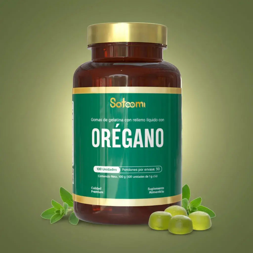 Orégano Satoomi en frasco de 100 unidades, con extracto concentrado de orégano rico en carvacrol y timol. Es una planta tradicional latina en un formato práctico, fácil de tomar y sin cápsulas. Rinde 100 porciones y tiene registro INVIMA.