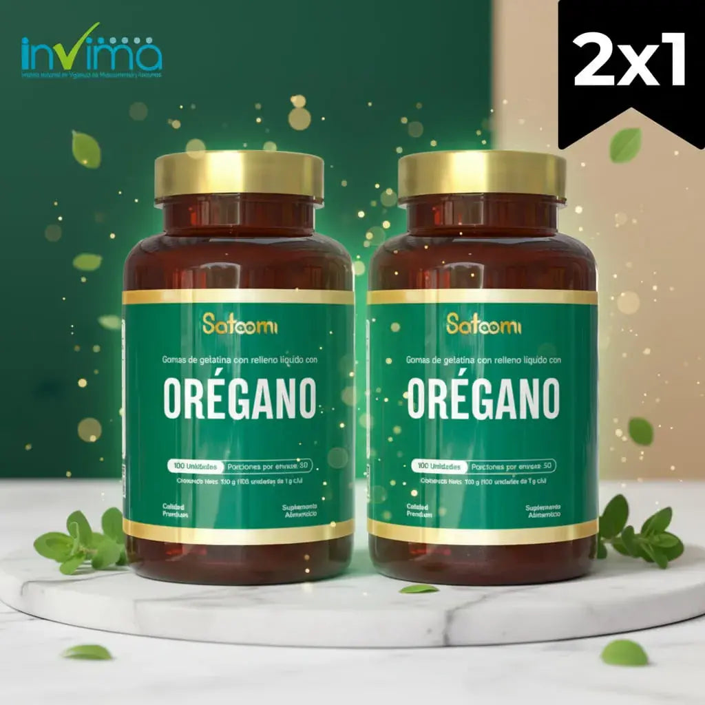 Combo x2 de Orégano Satoomi: 200 unidades de extracto concentrado de orégano, rico en carvacrol y timol. Es una planta tradicional latina en un formato práctico y fácil de tomar, sin cápsulas. Ideal para compartir en familia. Con registro INVIMA.