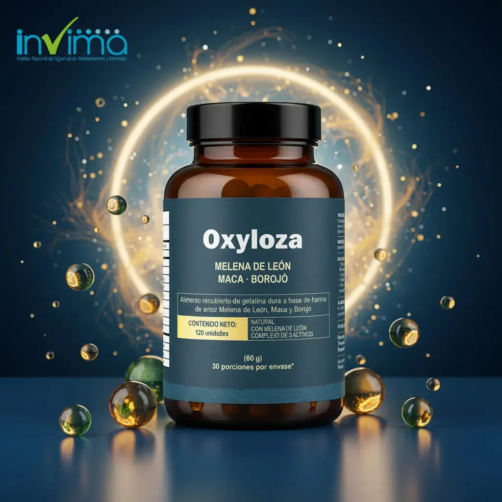 Oxyloza de Vital World: 700 mg de Melena de León, 600 mg de maca y 400 mg de borojó por porción. Trae 120 unidades y 30 porciones, sin azúcares añadidos, con 7 kcal y registro INVIMA. Es una fórmula simple de 3 activos para tu rutina diaria.