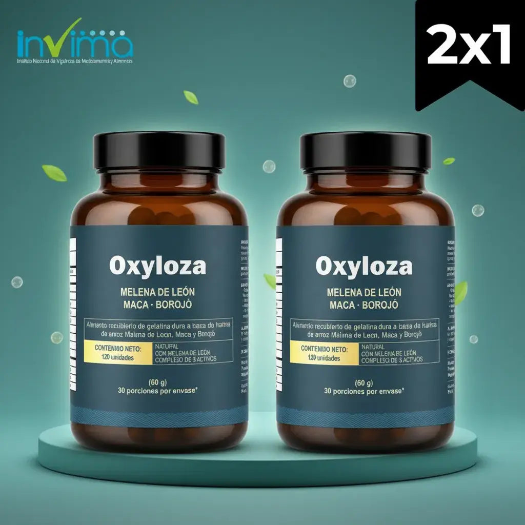 Combo x2 de Oxyloza de Vital World: 240 unidades con 700 mg de Melena de León, 600 mg de maca y 400 mg de borojó por porción. Rinde 60 porciones para 2 meses, sin azúcares añadidos y con registro INVIMA.