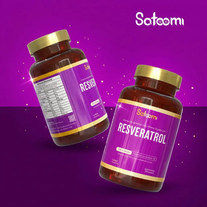 Resveratrol Satoomi, suplemento antioxidante premium de uso diario. Apoya tu bienestar cardiovascular, la vitalidad y el cuidado de tu piel desde adentro. Frasco x 100 unidades, rinde 50 porciones. Con INVIMA.