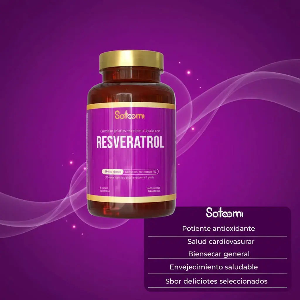 Resveratrol Satoomi, suplemento antioxidante premium de uso diario. Apoya tu bienestar cardiovascular, la vitalidad y el cuidado de tu piel desde adentro. Frasco x 100 unidades, rinde 50 porciones. Con INVIMA.