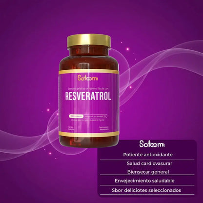 Resveratrol Satoomi, suplemento antioxidante premium de uso diario. Apoya tu bienestar cardiovascular, la vitalidad y el cuidado de tu piel desde adentro. Frasco x 100 unidades, rinde 50 porciones. Con INVIMA.