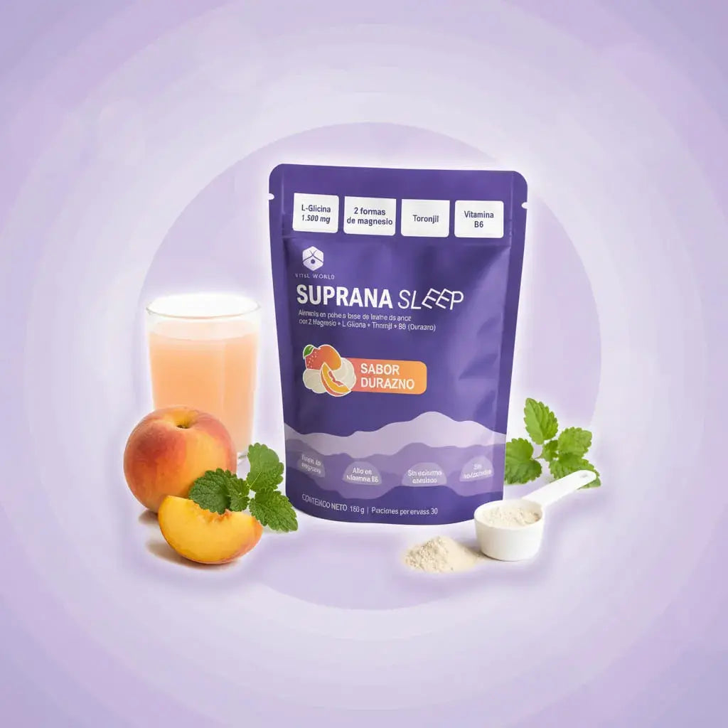 Suprana Sleep Vital World kit x2. L-glicina 1.500 mg con 2 formas de magnesio, toronjil y vitamina B6. Acompaña tu rutina de descanso. Sabor durazno, sin azúcar ni edulcorantes. 60 porciones. Con INVIMA.