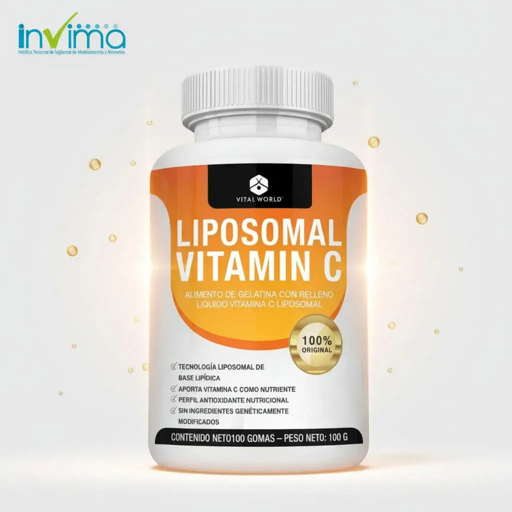 Vitamina C Liposomal Vital World en softgels líquidas con tecnología de base lipídica. Apoya tus defensas, la protección antioxidante y la formación normal de colágeno. 100 unidades, 50 días. Sin transgénicos.