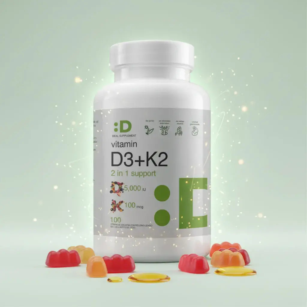 Vitamina D3 + K2 en softgel: 5.000 UI de D3 y 100 mcg de K2 en aceite de coco. Apoya tus huesos, tus defensas y la absorción normal del calcio. 100 cápsulas para más de 3 meses. Sin gluten ni azúcar añadida.