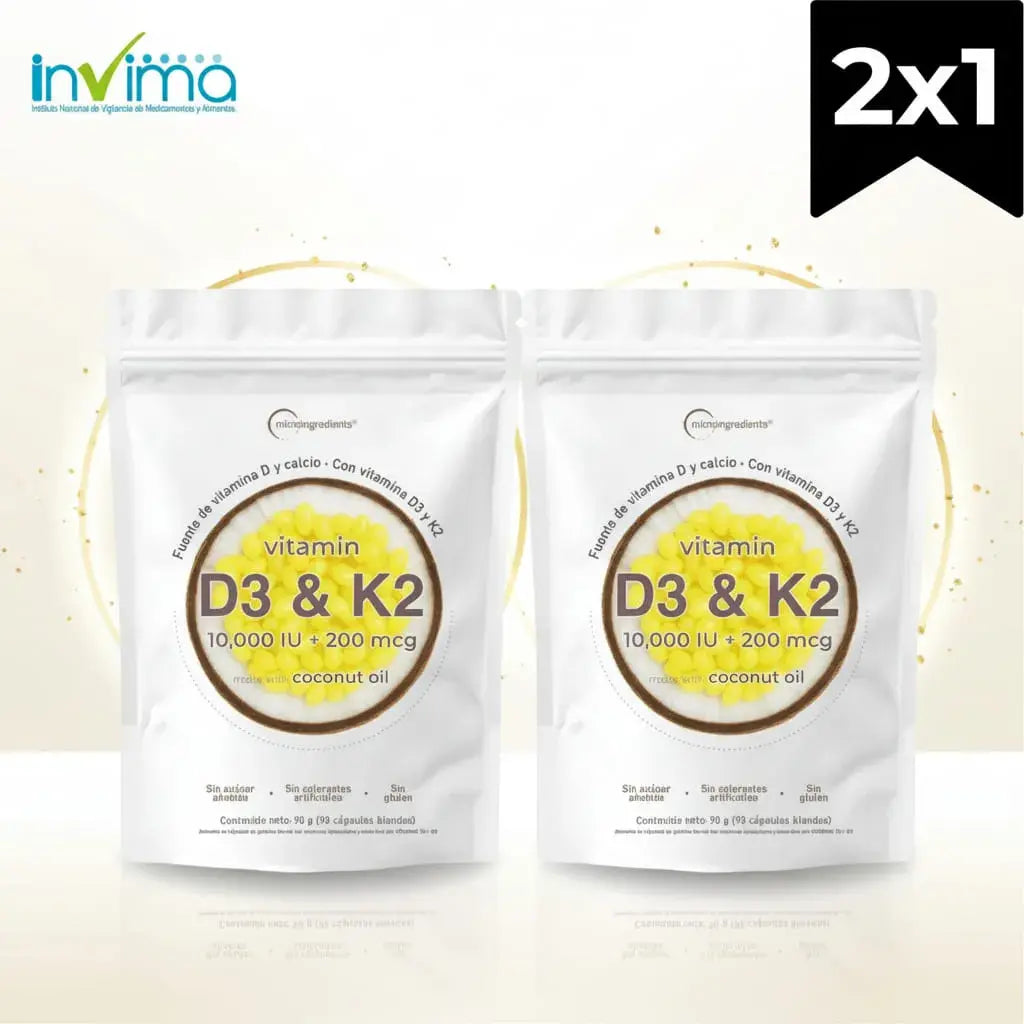 Combo x2 de Vitamina D3 + K2 en softgel, con 10.000 UI de D3 y 200 mcg de K2 en aceite de coco. Trae 180 cápsulas en doypack resellable. Contribuye a la absorción del calcio, a los huesos y a las defensas. Sin gluten ni azúcar.