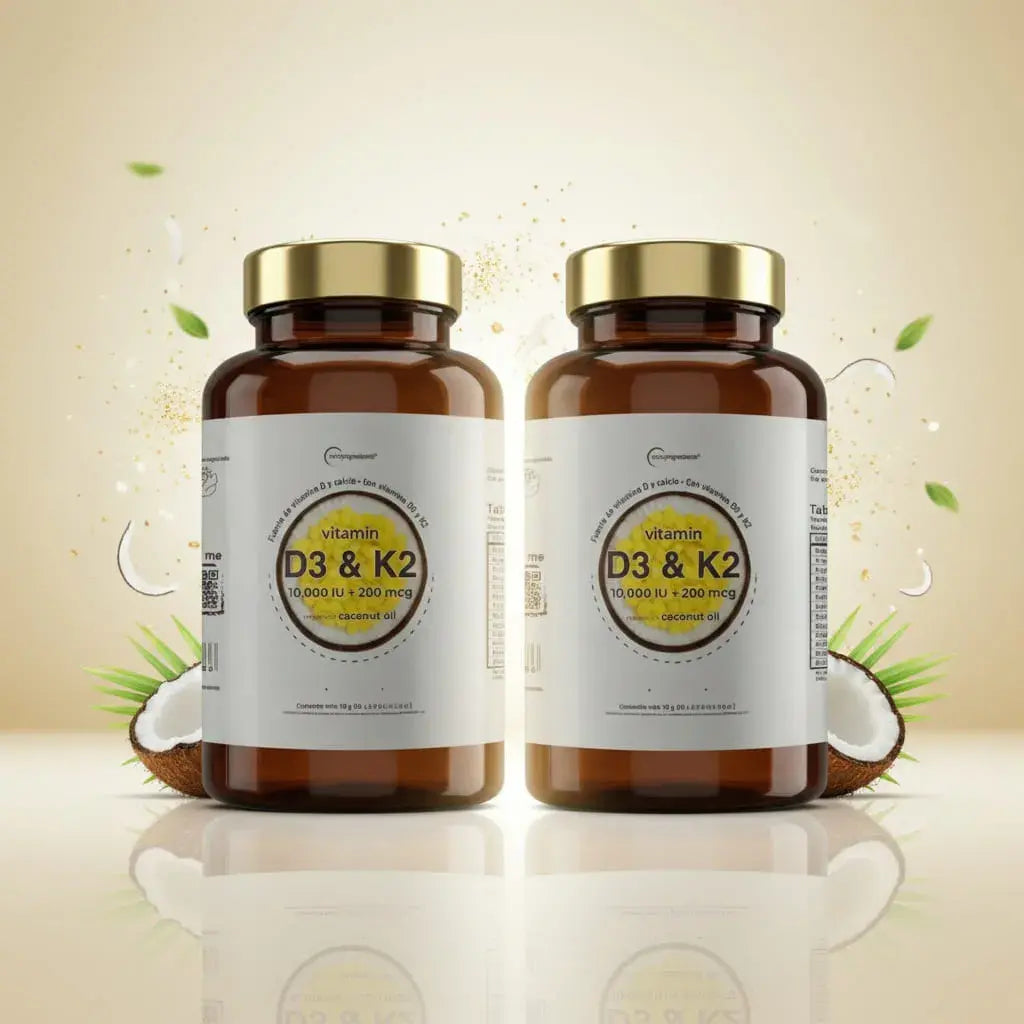 Kit x2 de Vitamina D3 + K2 en softgel: 10.000 UI de D3 y 200 mcg de K2 en aceite de coco. Apoya tus huesos, tus defensas y la absorción del calcio. 180 cápsulas para 6 meses. Sin gluten.