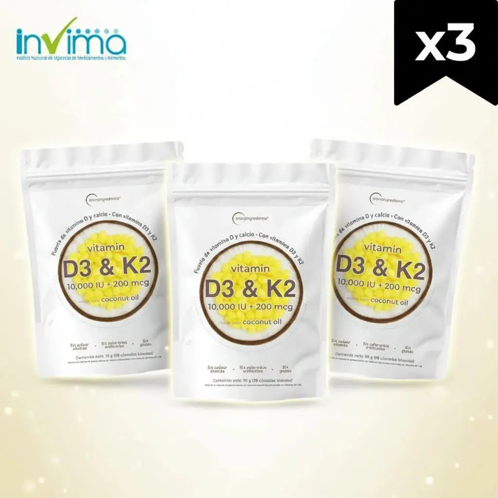 Combo x3 de Vitamina D3 + K2 en doypack resellable: 10.000 UI de D3 y 200 mcg de K2 en aceite de coco. Apoya tus huesos, tus defensas y la absorción del calcio. 270 softgels para 9 meses. Sin gluten.