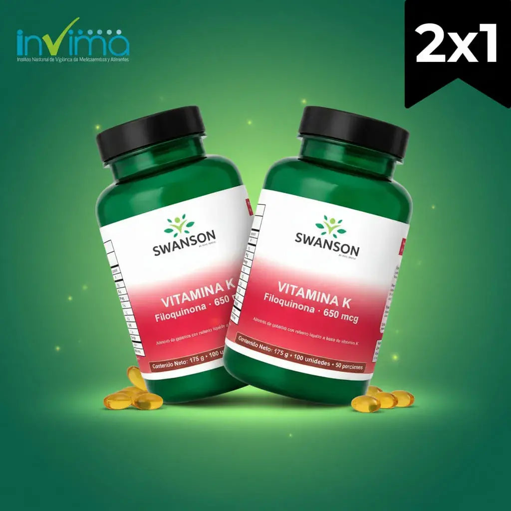 Kit x2 de Vitamina K1 (filoquinona) Swanson by Vital World, 650 mcg por porción en softgels con relleno líquido. Contribuye al mantenimiento normal de los huesos y a la coagulación normal. 200 softgels para 100 días. Con INVIMA.