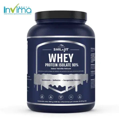 Proteína whey isolate al 90% Shilajit sabor vainilla de 900 g, con unas 29 porciones. Es baja en carbohidratos, grasas y lactosa, y rica en BCAA. La proteína contribuye a aumentar y conservar la masa muscular. Con registro INVIMA.