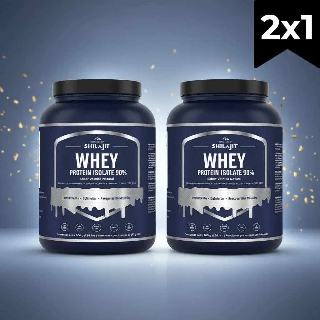 Combo x2 de Proteína Whey Isolate 90% Shilajit sabor vainilla: 2 tarros de 900 g con unas 58 porciones. Es baja en carbohidratos, grasas y lactosa, y rica en BCAA. La proteína contribuye a aumentar y conservar la masa muscular.